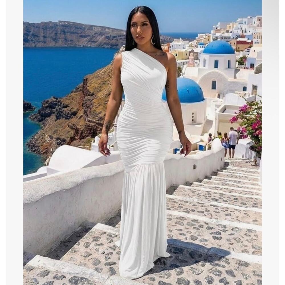 New TikTok viral white ruched one shoulder gown dress sz m - Picture 1 of 7